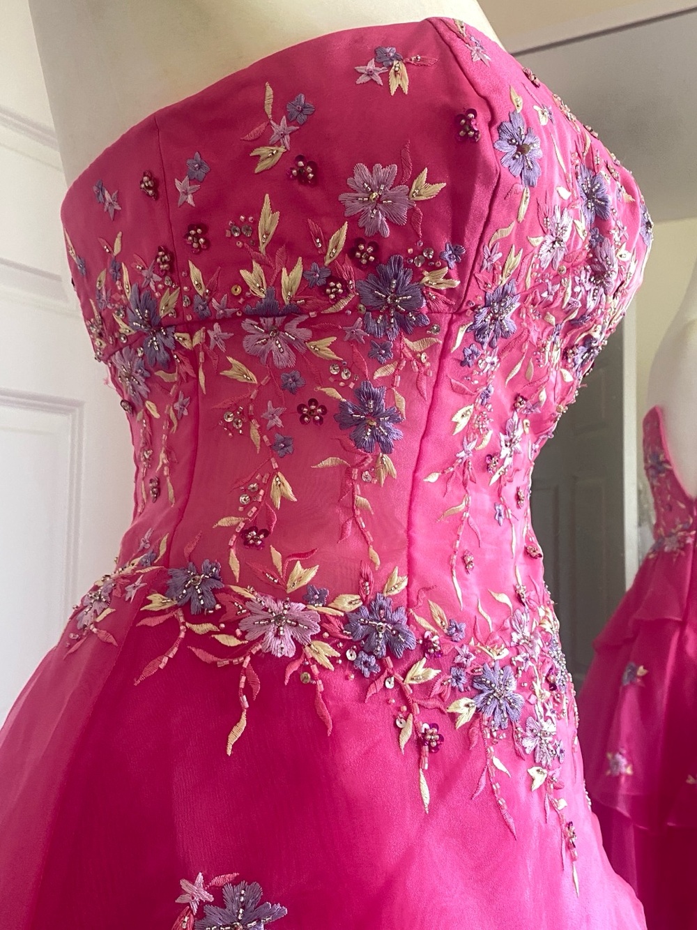 Strapless Fuschia Evening Gown with Embroidered Bodice - Picture 6 of 13